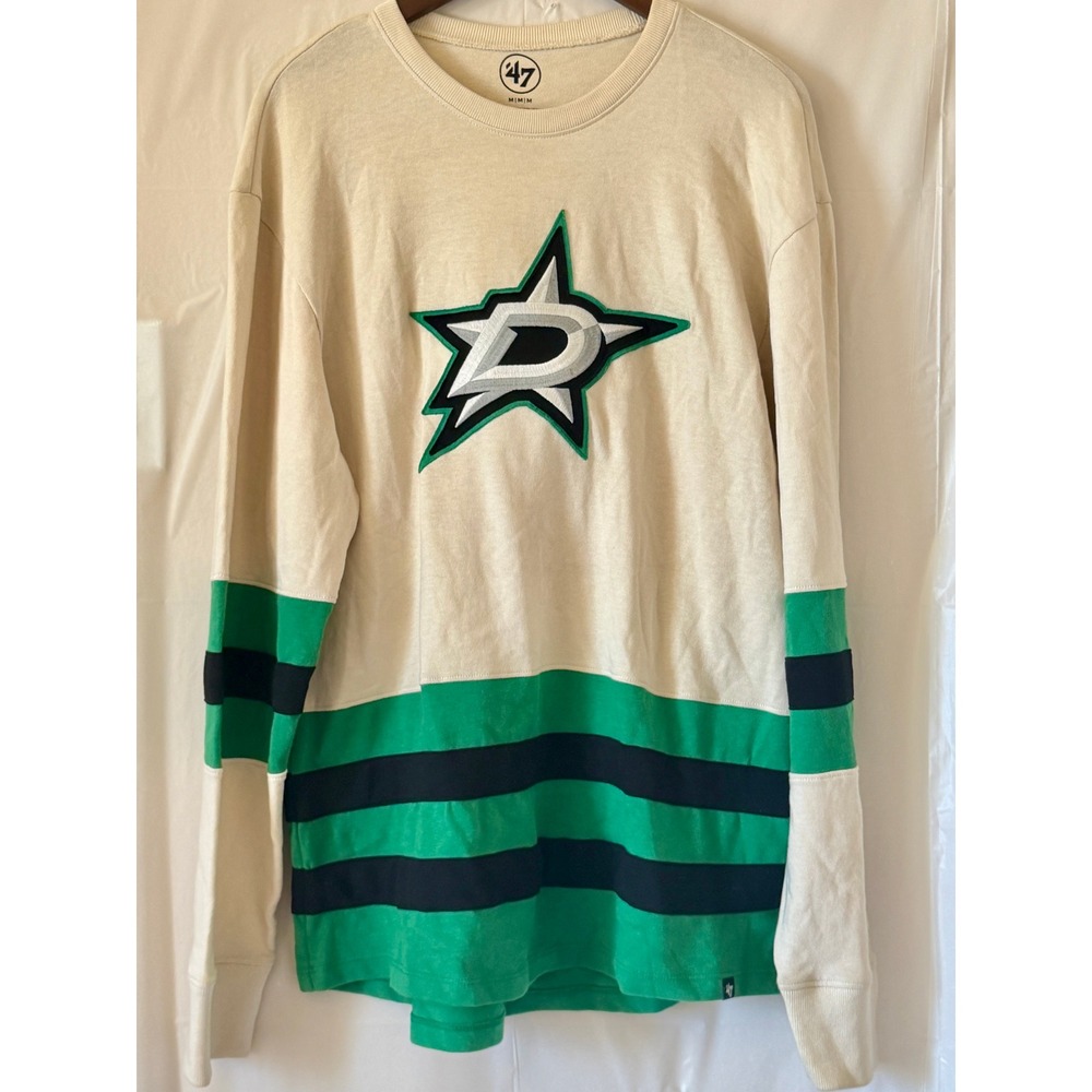 47 Brand NHL Dallas Stars Long Sleeve Shirt Cream Green Stripes Mens Medium
